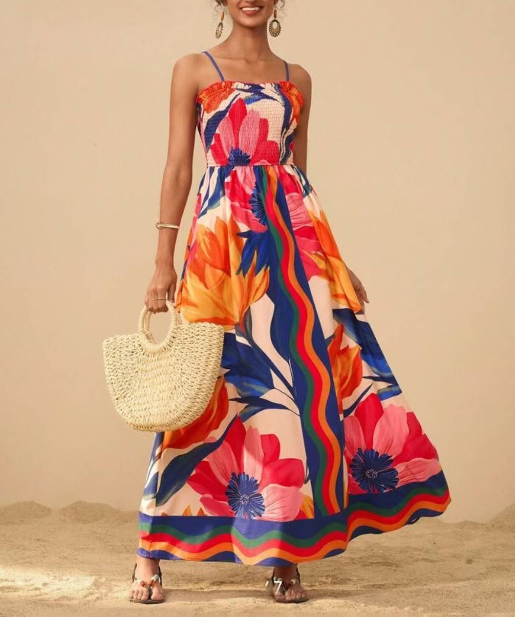 Printed Elegant Graceful Smocking Waist Slimming Sleeveless Dress Women