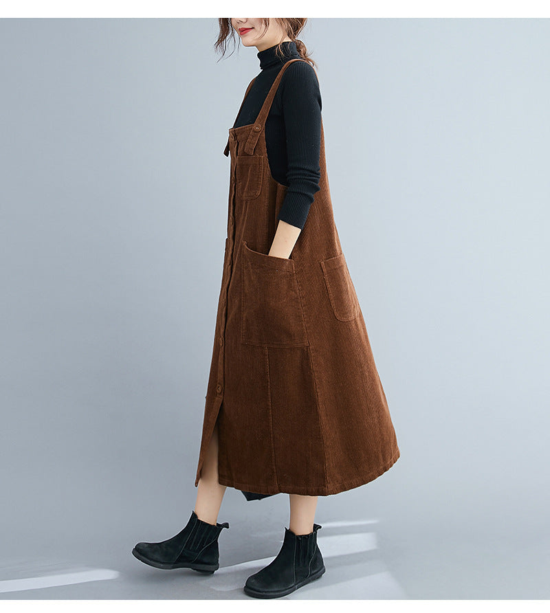 Sleeveless Artistic Large Size Loose Mid-length Women's Vest Dress Corduroy