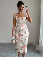 Elegant And Romantic Mesh Floral Print Pleated Midi Dress