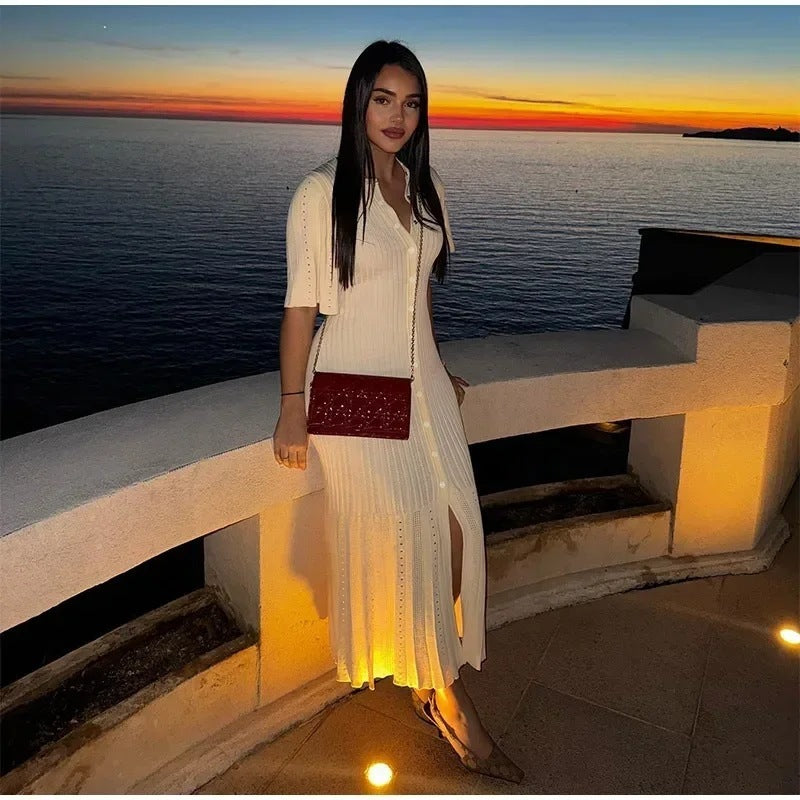 Women's Short-sleeved Button Slit Knitted Dress