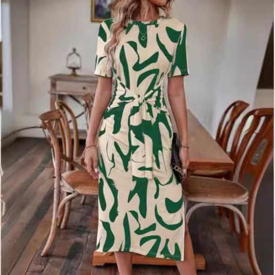 Elegant Women's Printed Short-sleeved Dress