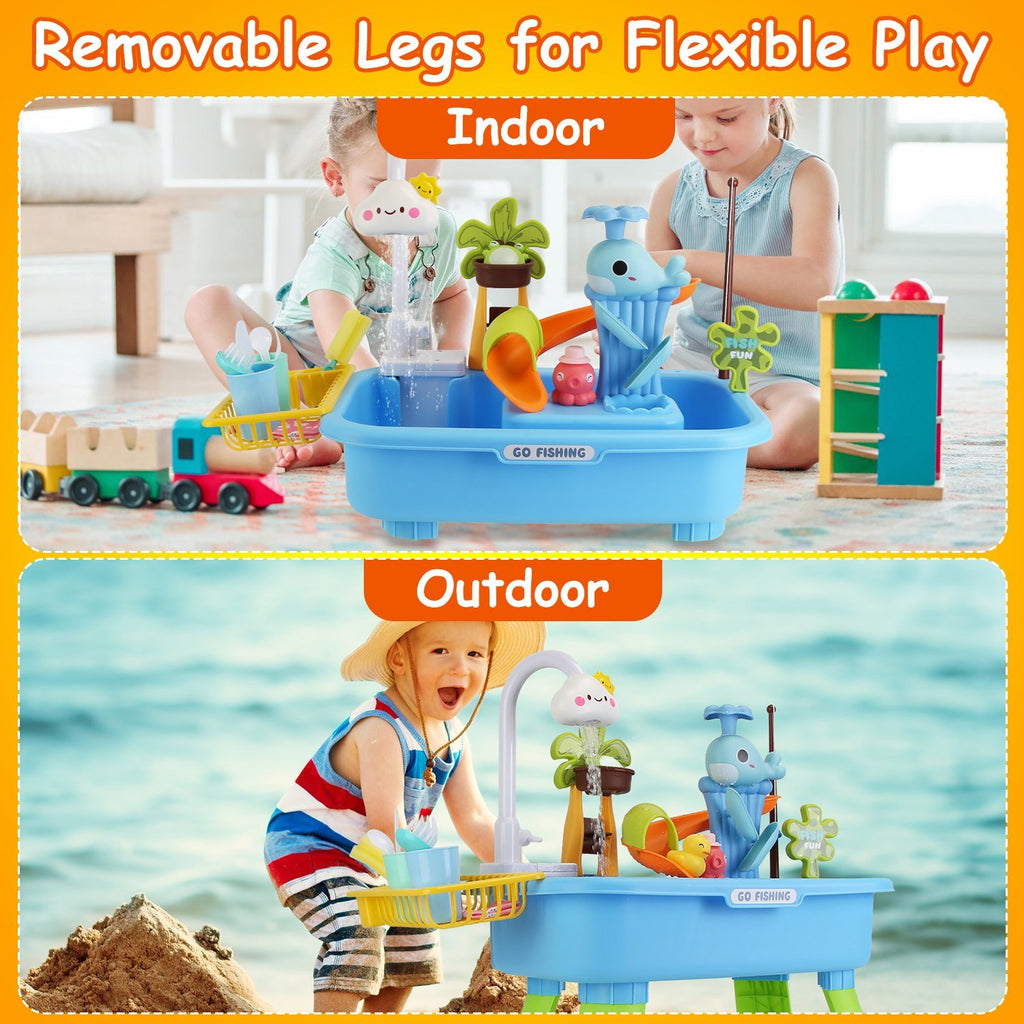 1Set 3 In 1 Kitchen Sink Toy With Electric Faucet Water Table Fishing Game Role Play Sink Set Indoor Outdoor For Kids Aged 3 Years Old