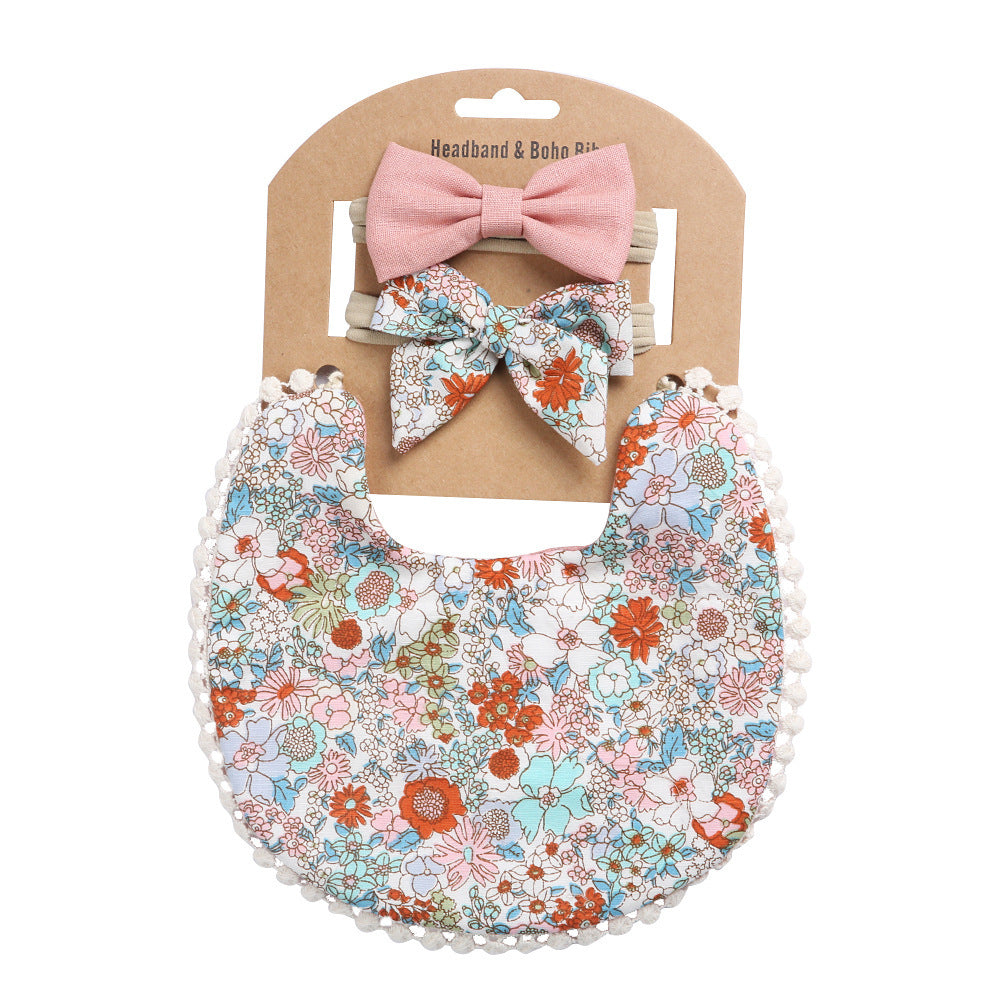European And American Cotton Cute Floral Baby Anti-Spitting Milk Saliva Towel Newborn Printing Bib  Headband Set