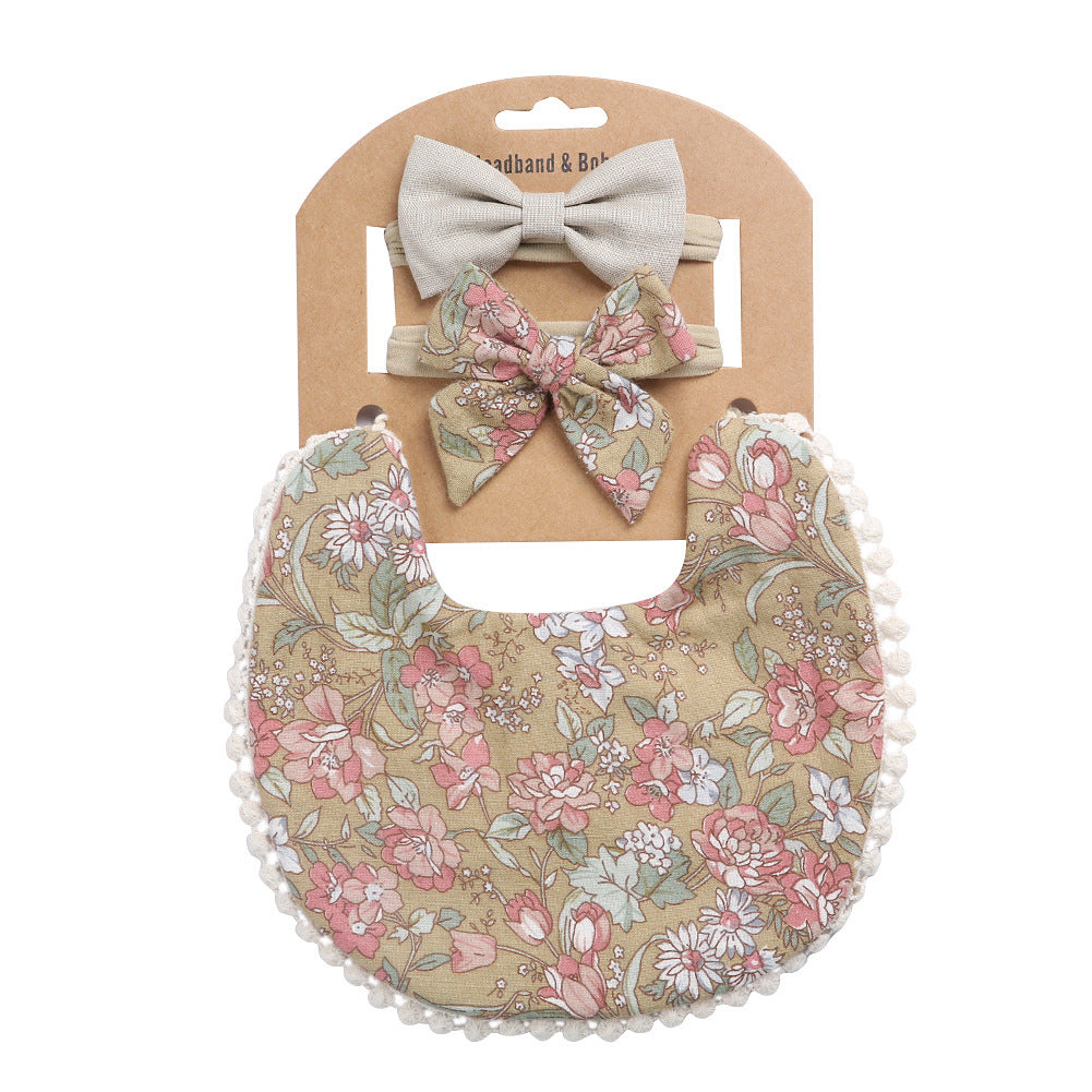 European And American Cotton Cute Floral Baby Anti-Spitting Milk Saliva Towel Newborn Printing Bib  Headband Set