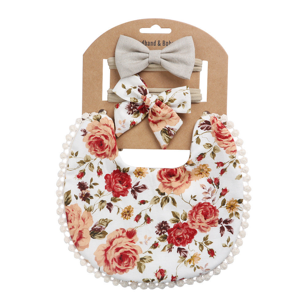 European And American Cotton Cute Floral Baby Anti-Spitting Milk Saliva Towel Newborn Printing Bib  Headband Set