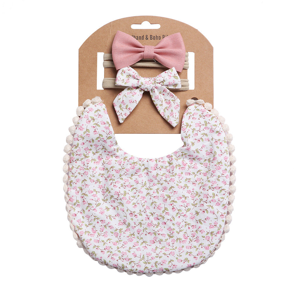 European And American Cotton Cute Floral Baby Anti-Spitting Milk Saliva Towel Newborn Printing Bib  Headband Set