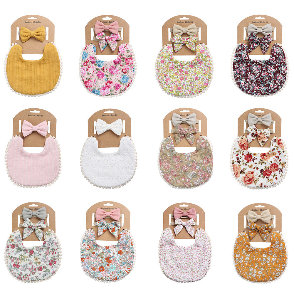 European And American Cotton Cute Floral Baby Anti-Spitting Milk Saliva Towel Newborn Printing Bib  Headband Set