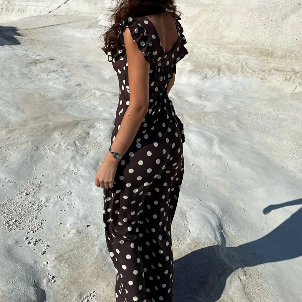 French Elegant Ruffled U-neck Polka Dot Dress Women