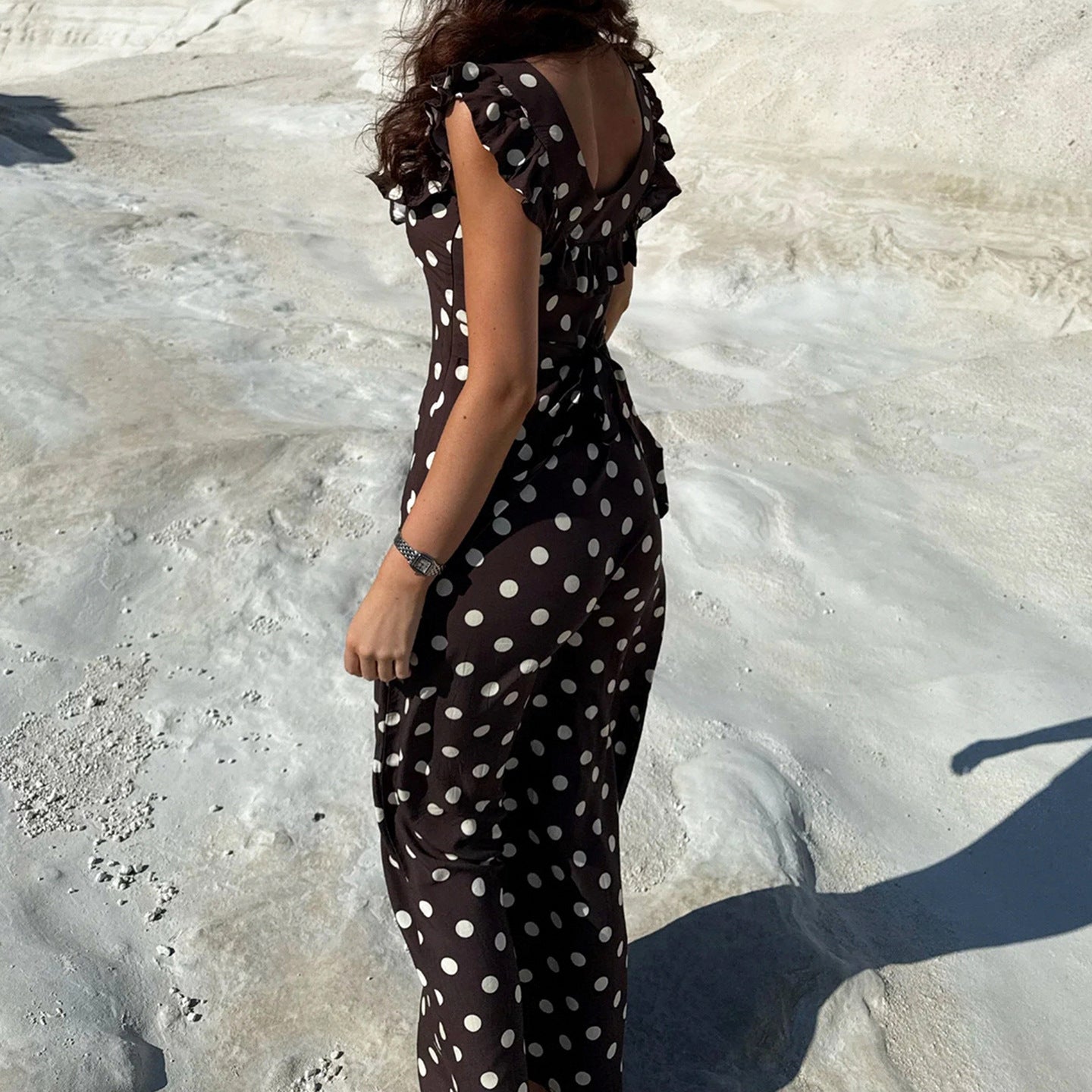 French Elegant Ruffled U-neck Polka Dot Dress Women