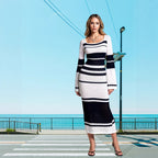 Colorful Contrast Color U-neck Sexy Long-sleeved Knitted Dress