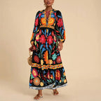 Women's Bohemian Floral Print Dress Cuff Long Sleeve Round Neck Maxi Dress For Spring&Fall