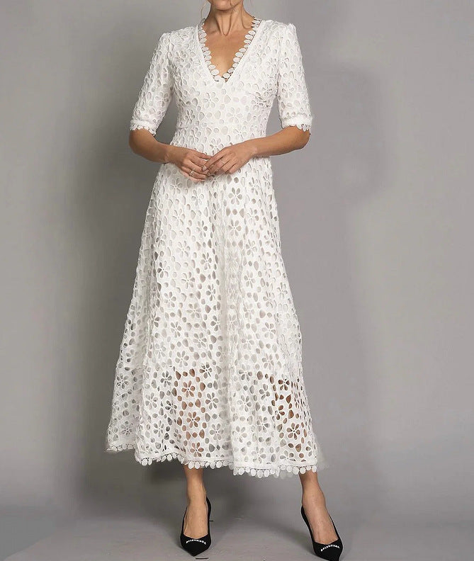 New Temperament Commuter White Lace Long Dress Elegant V-neck Design Floral Dress Evening Dress