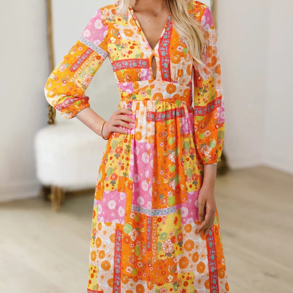 Orange Floral Patchwork Print Cut Out Tied Back Bracelet Sleeve Maxi Dress