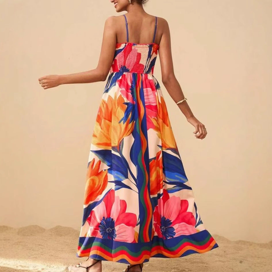 Printed Elegant Graceful Smocking Waist Slimming Sleeveless Dress Women