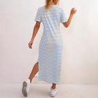 Women's Black And White Striped Dress Short Sleeve Floral Print Slit