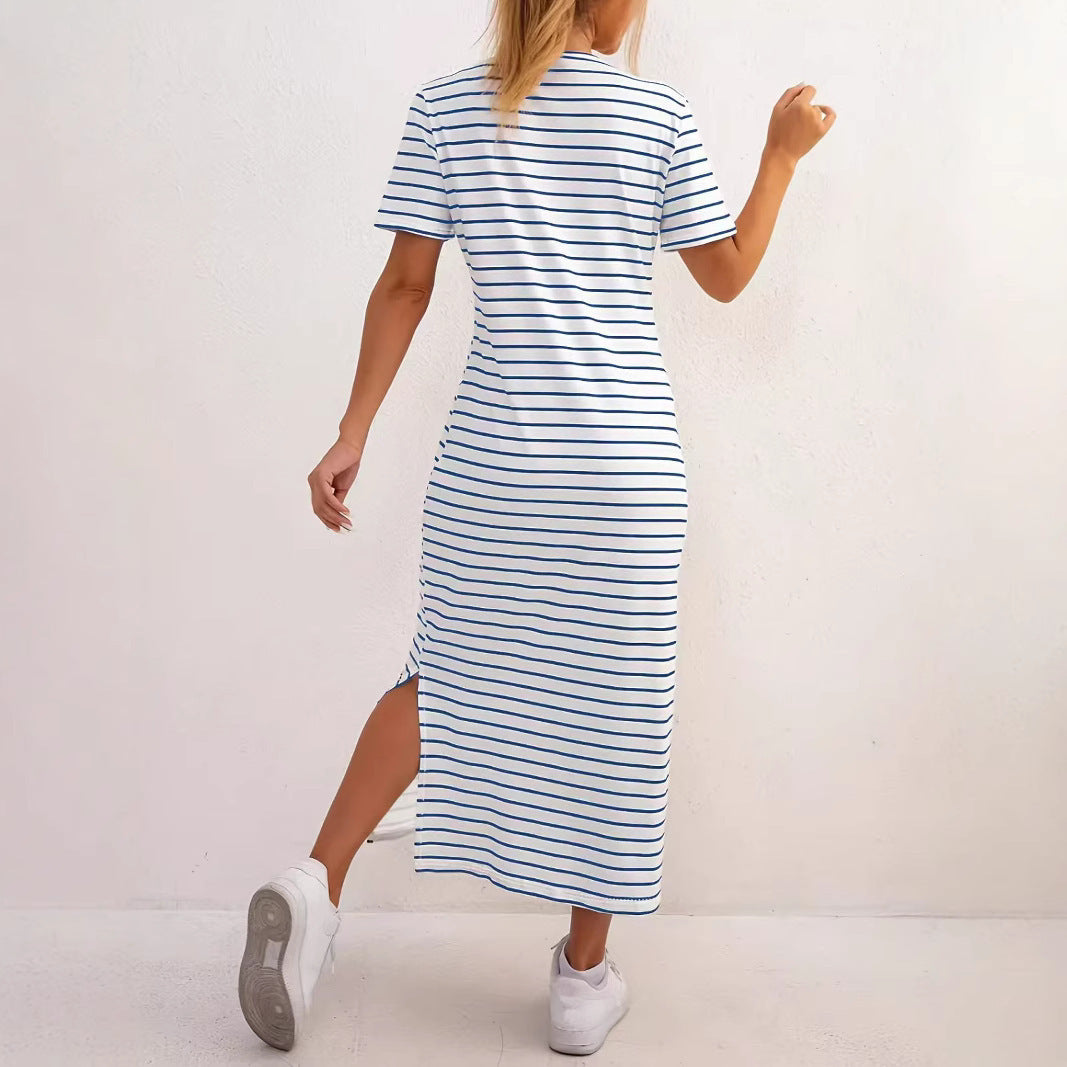 Women's Black And White Striped Dress Short Sleeve Floral Print Slit