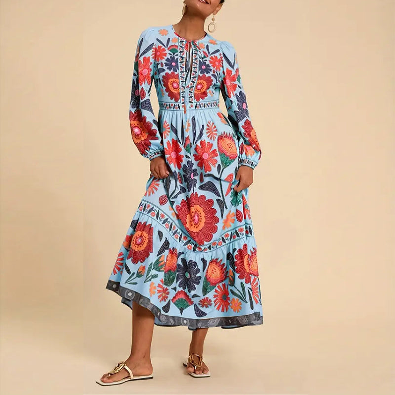 Women's Bohemian Floral Print Dress Cuff Long Sleeve Round Neck Maxi Dress For Spring&Fall