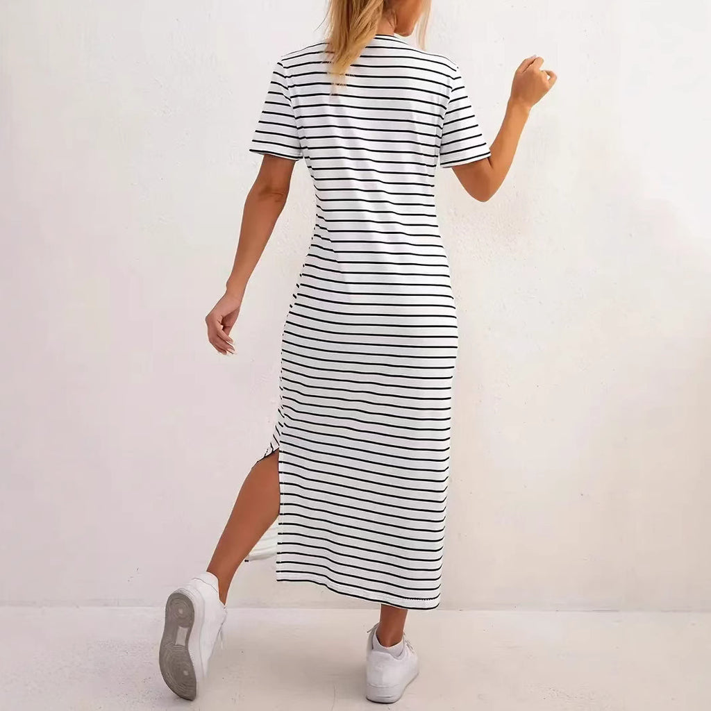 Women's Black And White Striped Dress Short Sleeve Floral Print Slit