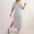 Women's Black And White Striped Dress Short Sleeve Floral Print Slit