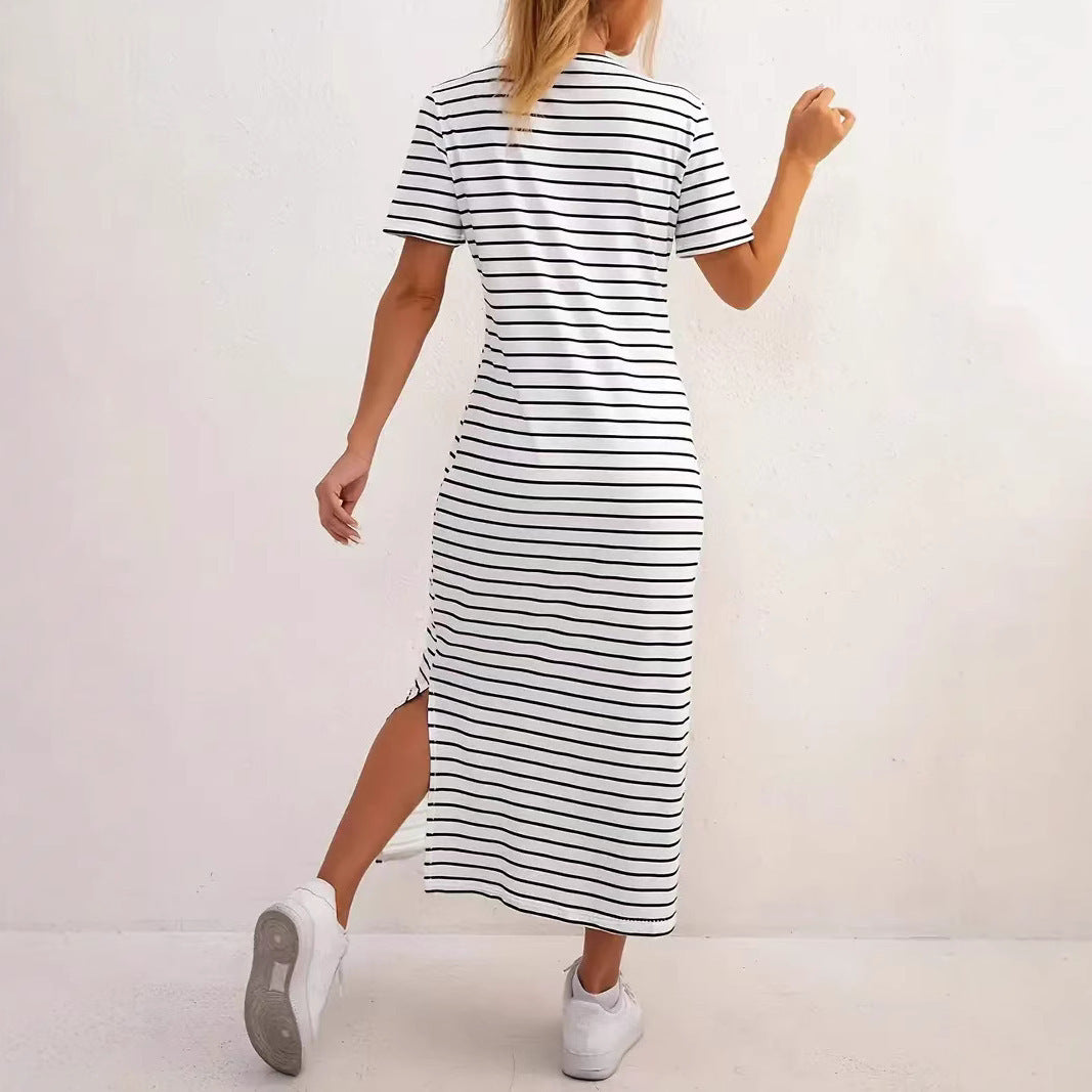 Women's Black And White Striped Dress Short Sleeve Floral Print Slit