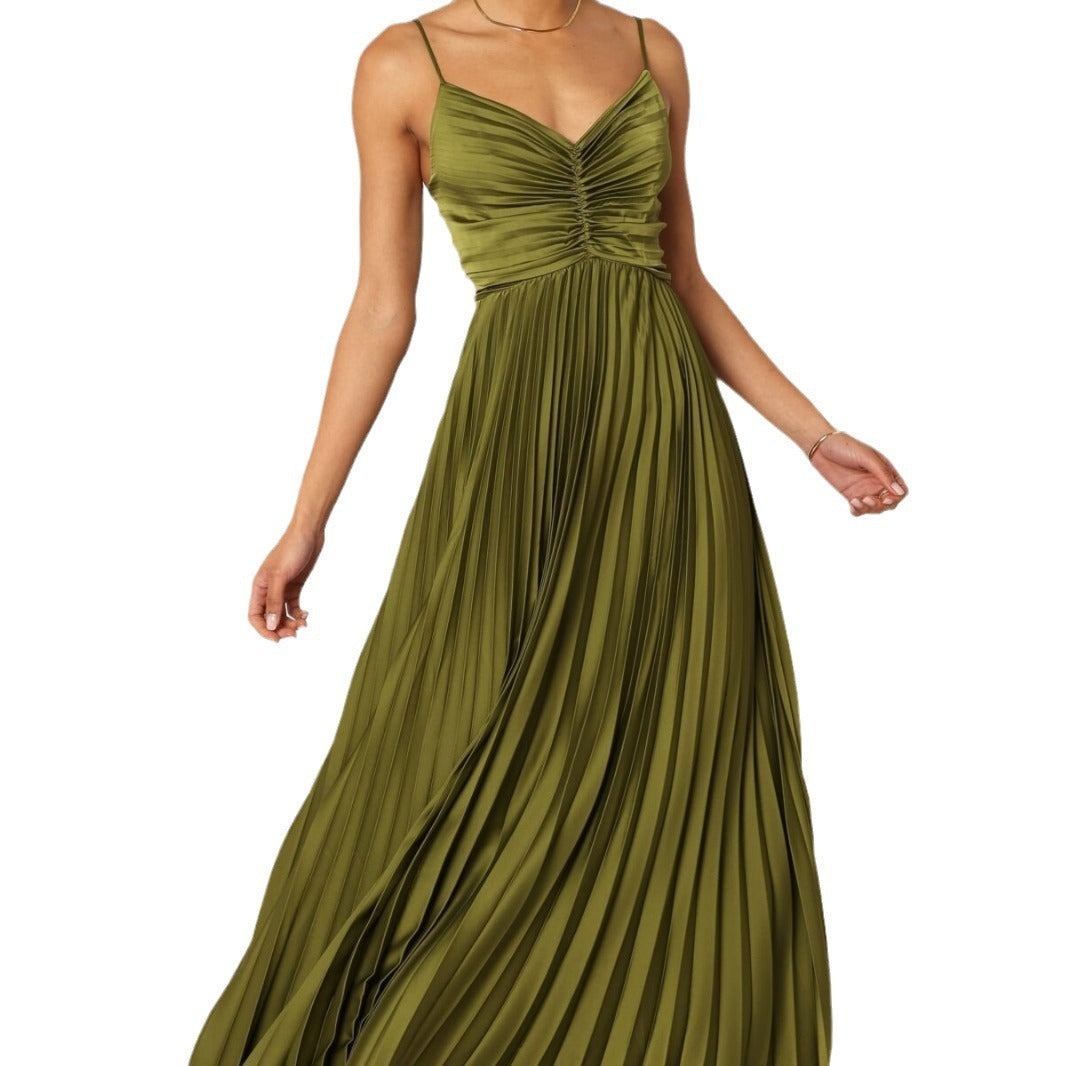 Temperament Camisole Backless Long Pleated Dress