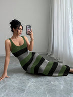 Striped Contrast Color Suspender U-neck Dress Long Knitted Dress