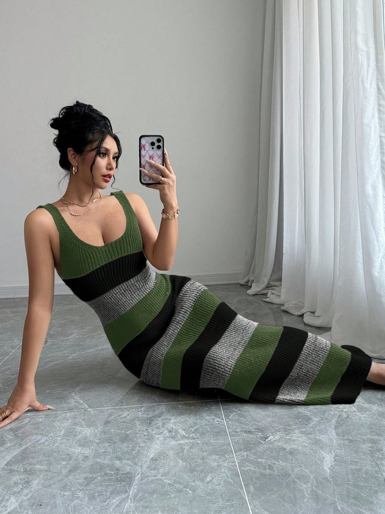 Striped Contrast Color Suspender U-neck Dress Long Knitted Dress