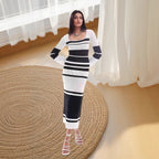 Colorful Contrast Color U-neck Sexy Long-sleeved Knitted Dress