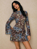 New Double-layer Round Neck Mesh Slit Trumpet Long Sleeve Fashion Slim Dress