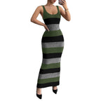 Striped Contrast Color Suspender U-neck Dress Long Knitted Dress