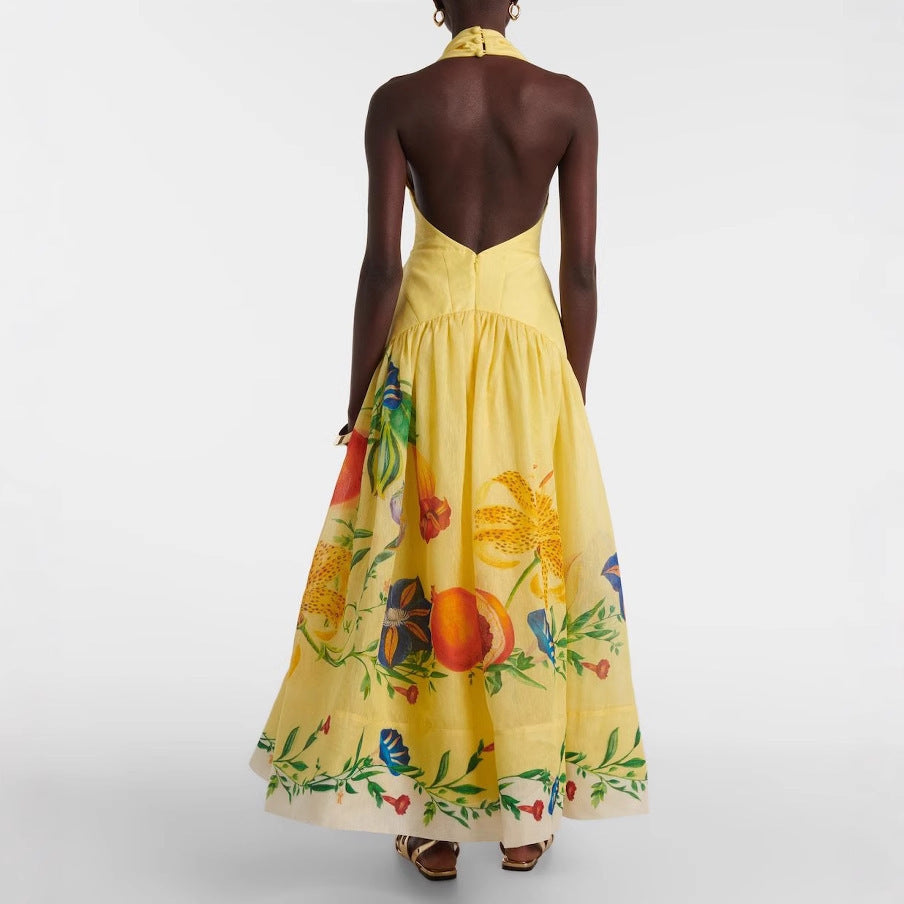 Printed Halter Backless Large Hem Deep V-neck Dress For Women