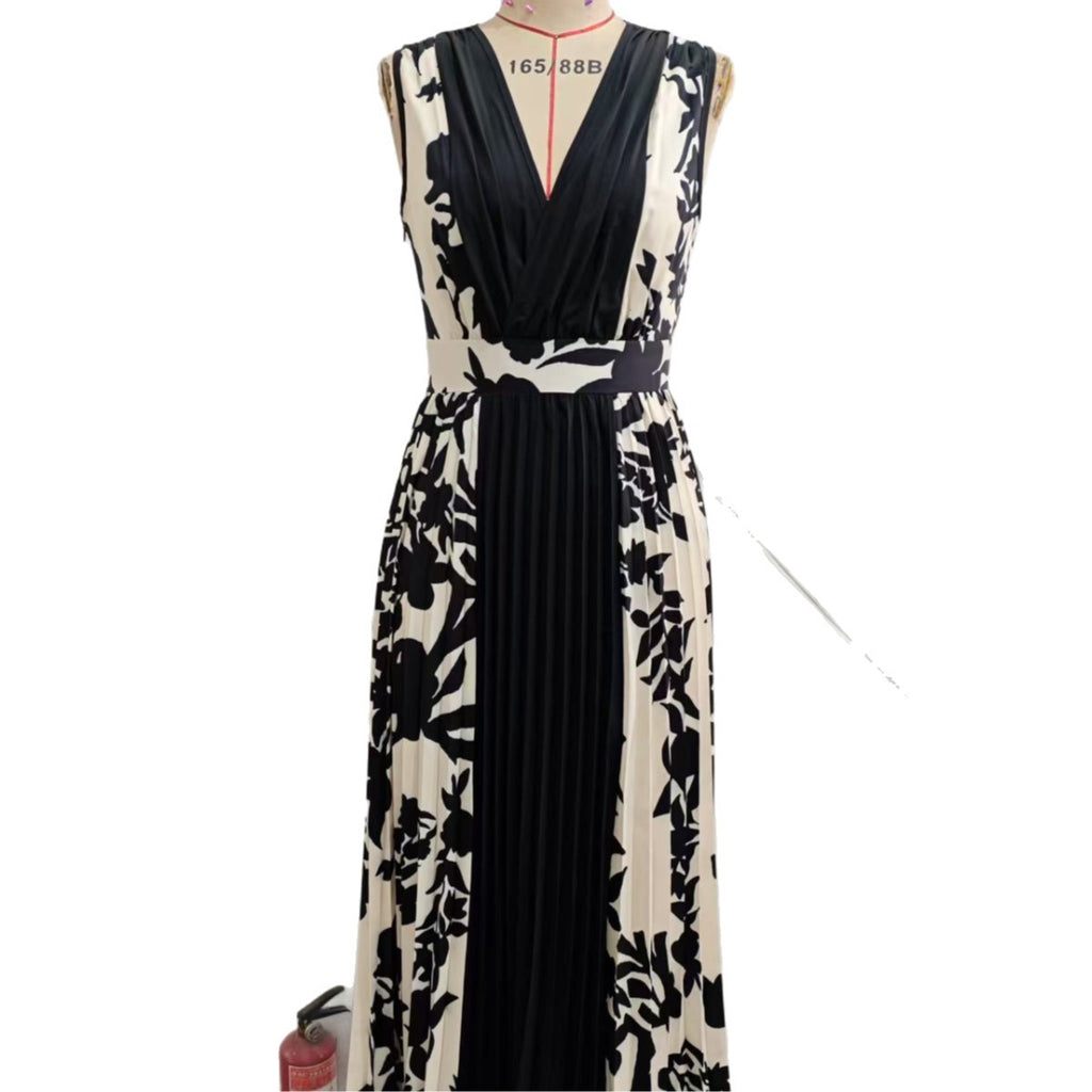 Sleeveless Printed Temperament V-neck Color-block Midi Dress