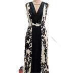 Sleeveless Printed Temperament V-neck Color-block Midi Dress