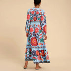 Women's Bohemian Floral Print Dress Cuff Long Sleeve Round Neck Maxi Dress For Spring&Fall