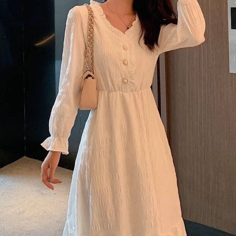 Autumn New French Style White Long Sleeve Dress For Women