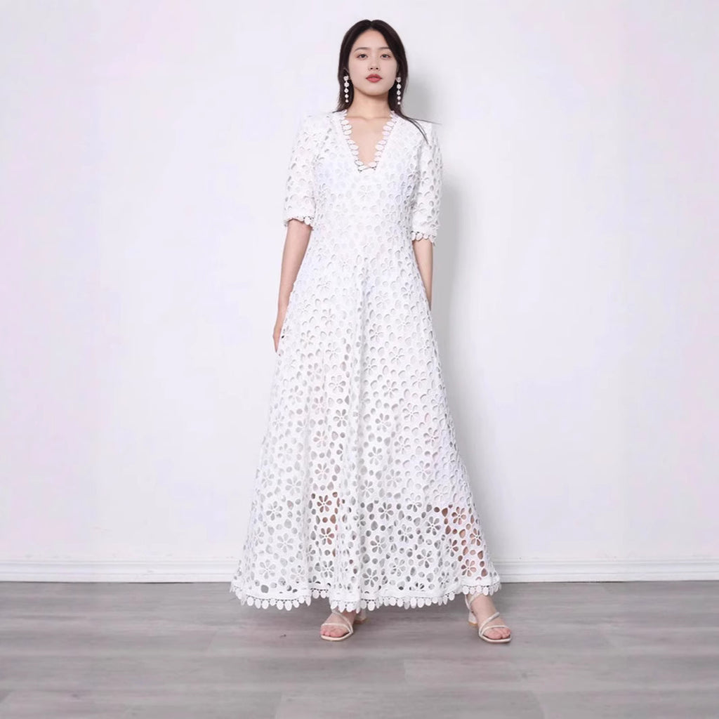 New Temperament Commuter White Lace Long Dress Elegant V-neck Design Floral Dress Evening Dress