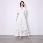 New Temperament Commuter White Lace Long Dress Elegant V-neck Design Floral Dress Evening Dress