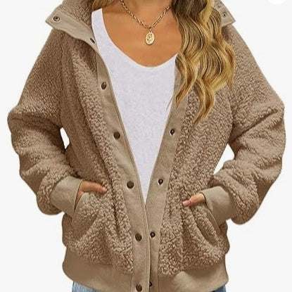 Cardigan Coat Thickened Fleece Pocket Pure Color Warm Keeping Coat For Women
