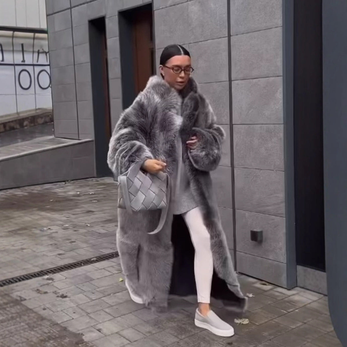 Women's Black And White Two-color Artificial Wool Coat