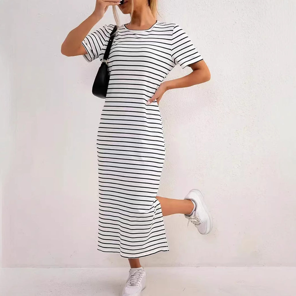Women's Black And White Striped Dress Short Sleeve Floral Print Slit