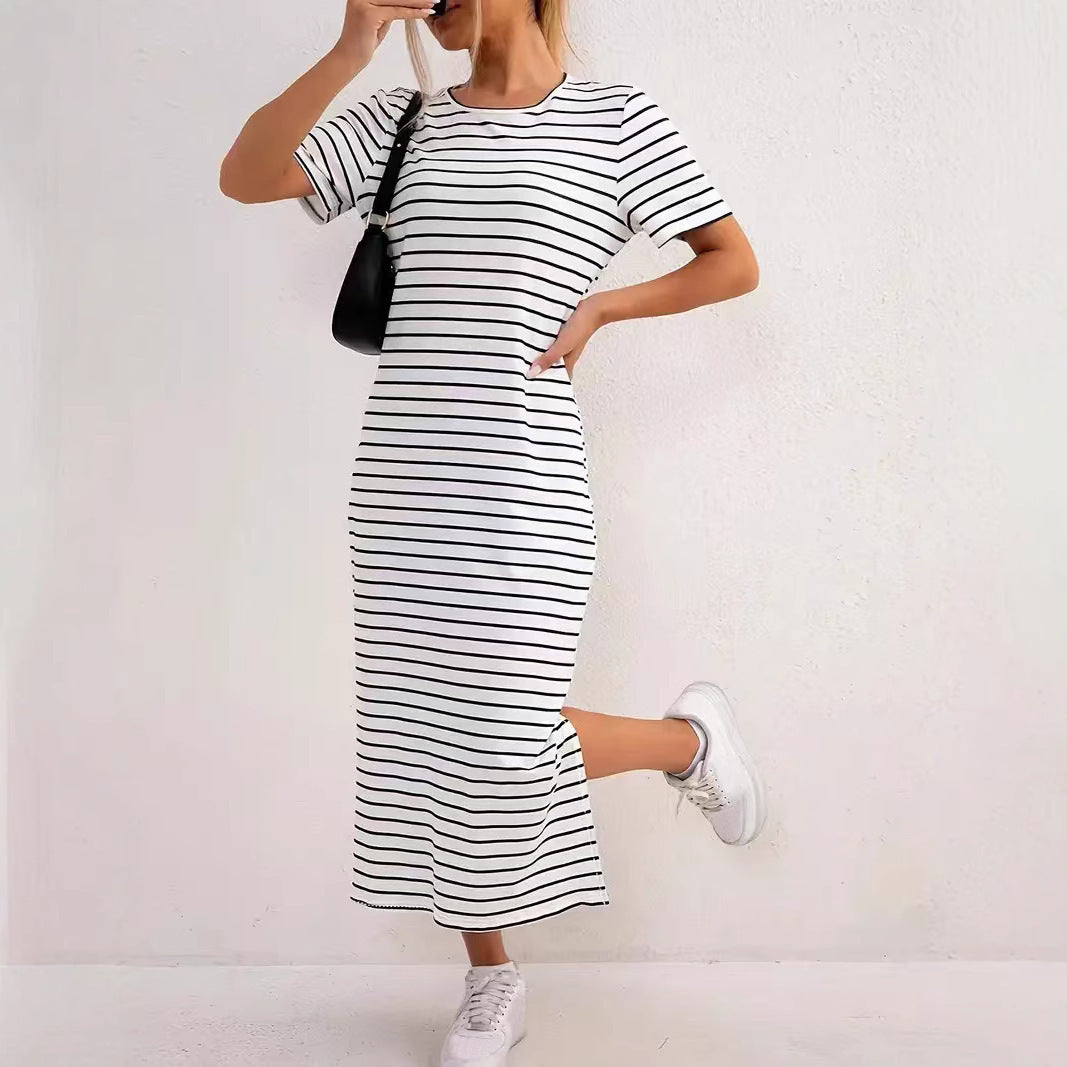 Women's Black And White Striped Dress Short Sleeve Floral Print Slit