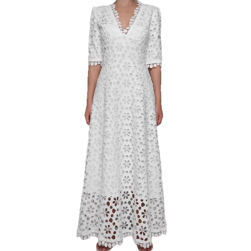 New Temperament Commuter White Lace Long Dress Elegant V-neck Design Floral Dress Evening Dress
