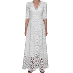 New Temperament Commuter White Lace Long Dress Elegant V-neck Design Floral Dress Evening Dress