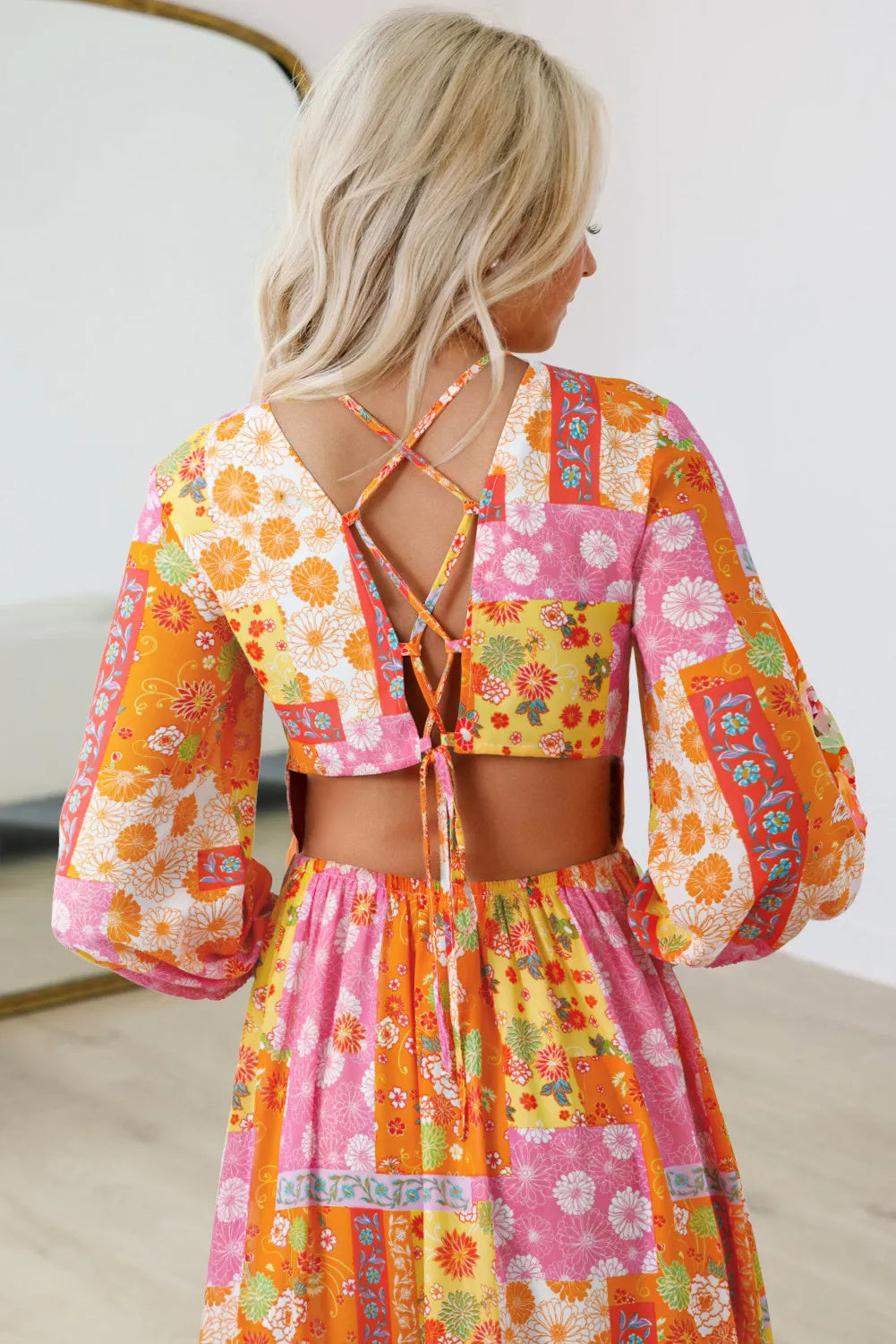 Orange Floral Patchwork Print Cut Out Tied Back Bracelet Sleeve Maxi Dress