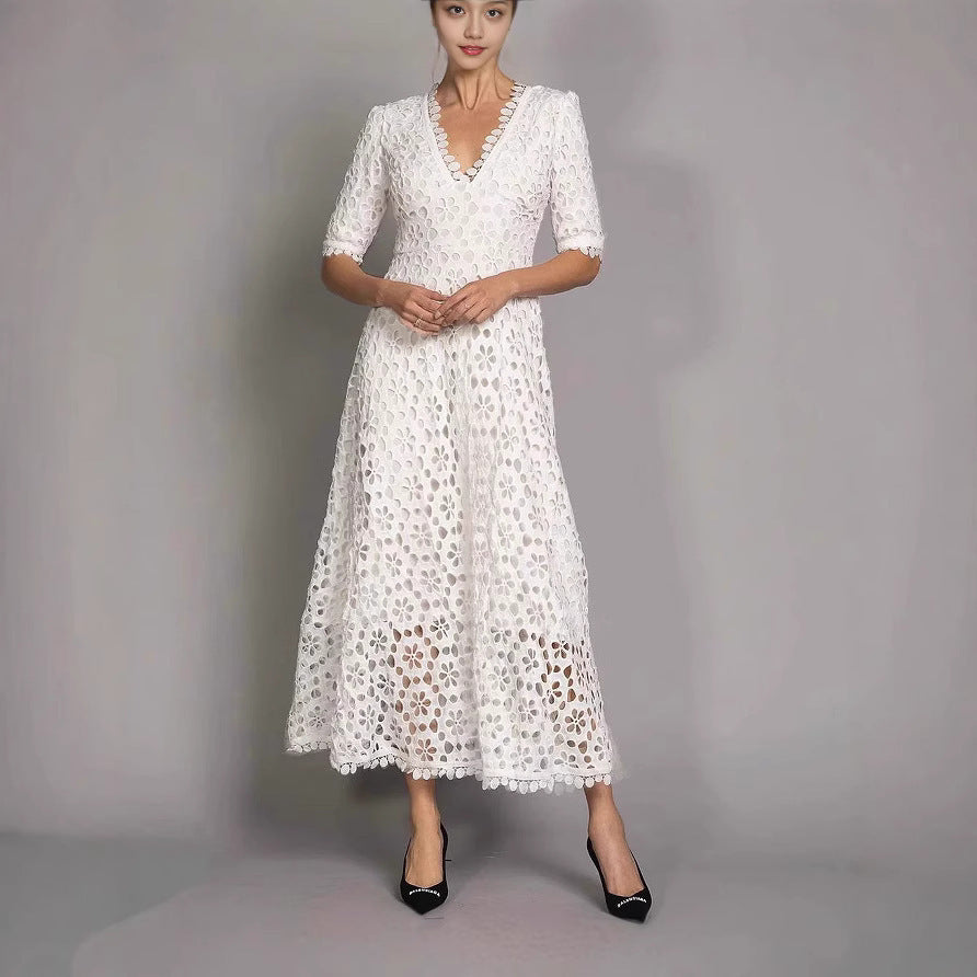 New Temperament Commuter White Lace Long Dress Elegant V-neck Design Floral Dress Evening Dress