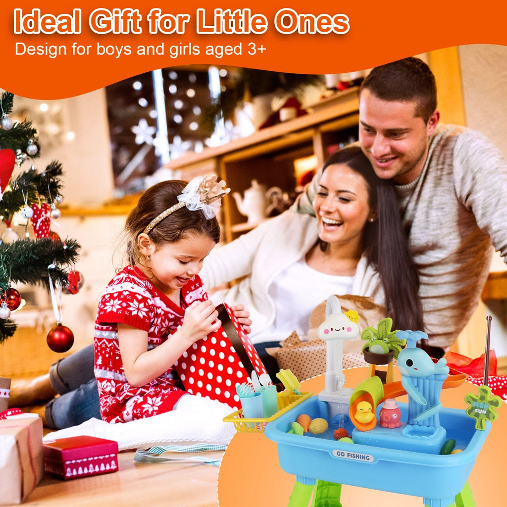 1Set 3 In 1 Kitchen Sink Toy With Electric Faucet Water Table Fishing Game Role Play Sink Set Indoor Outdoor For Kids Aged 3 Years Old