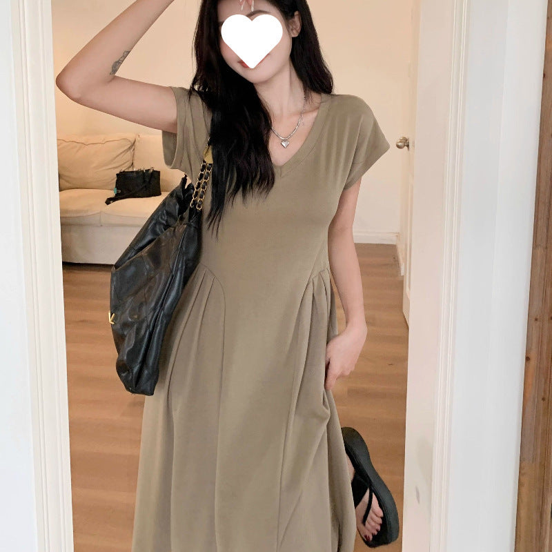 Simple V-neck Tight Waist Elegant Long Slimming All-matching Dress