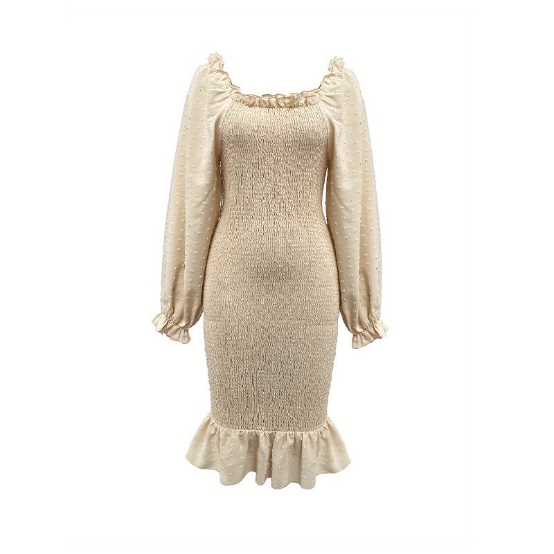 Long Sleeve Square-neck Fishtail Midi Dress