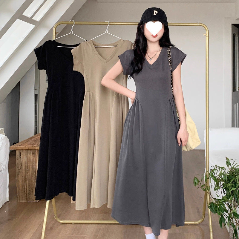 Simple V-neck Tight Waist Elegant Long Slimming All-matching Dress