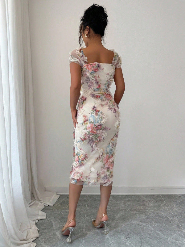 Elegant And Romantic Mesh Floral Print Pleated Midi Dress